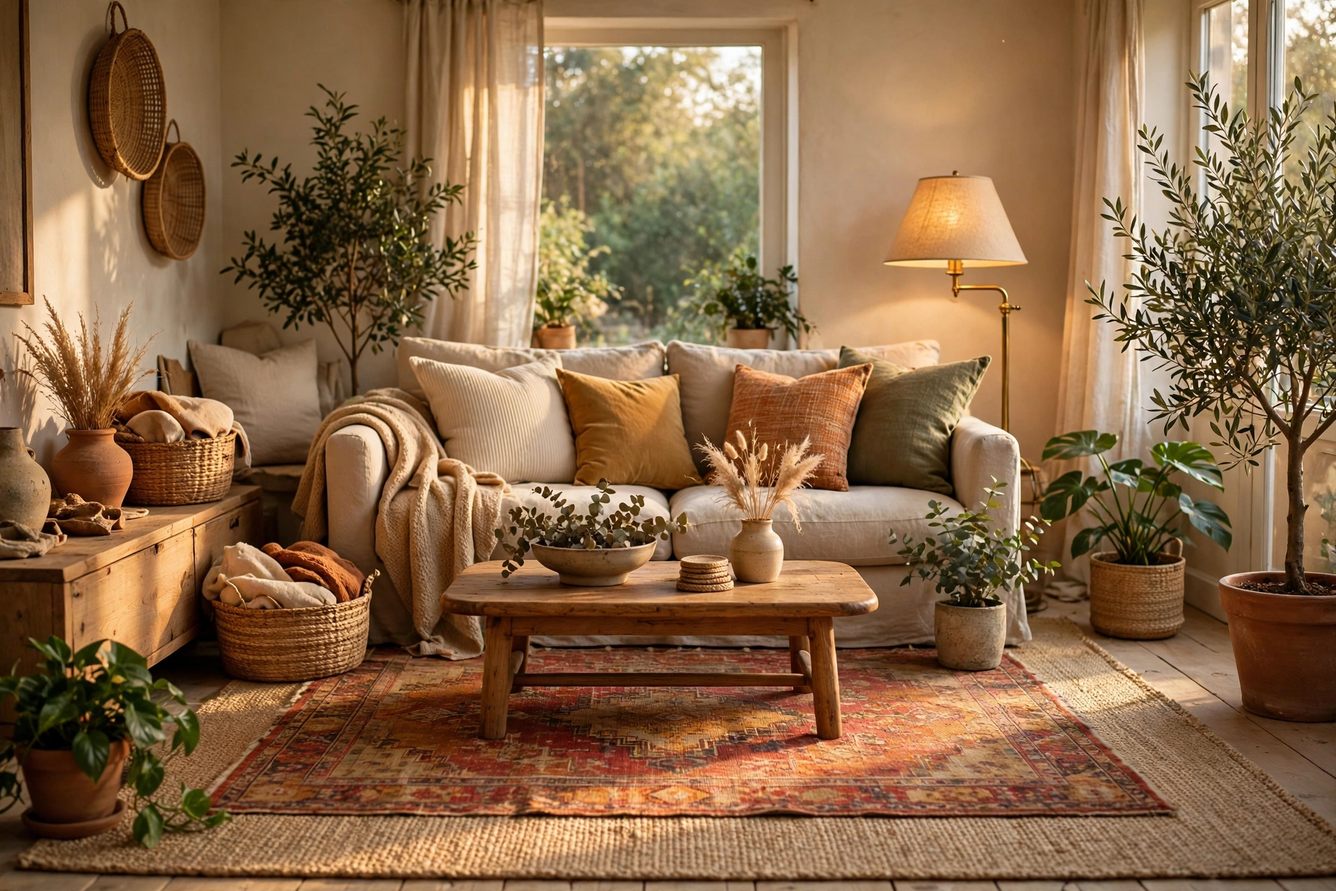 A warm, collected living room with a vintage rug layered over a natural jute base