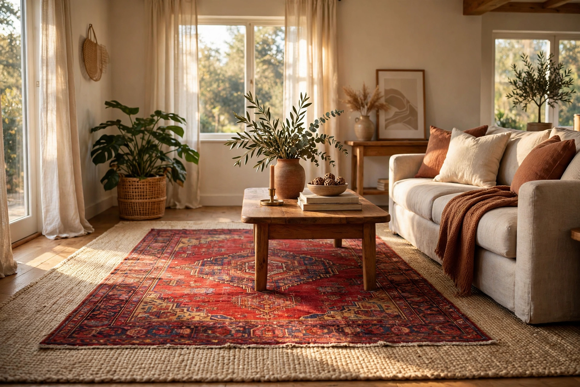 Vintage red Persian rug layered over a large cream jute rug in a cozy living room
