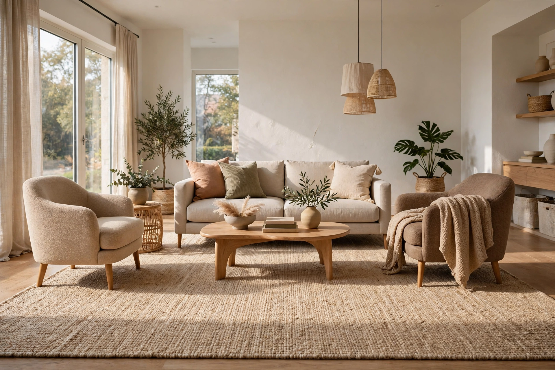 Spacious living room anchored by one oversized warm beige textured rug