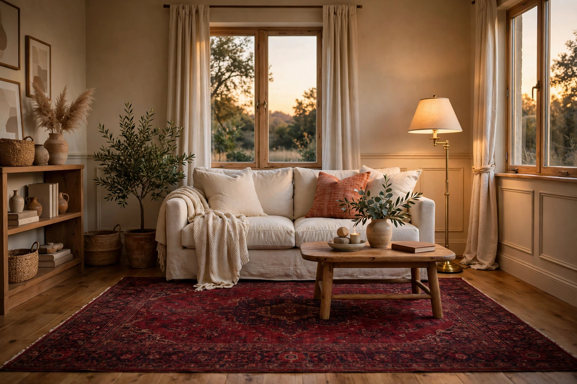 Cozy living room with a deep burgundy rug, cream sofa and warm evening light