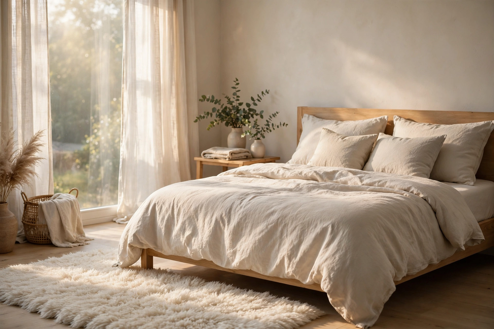 Serene bedroom with a plush ivory shag rug beside the bed