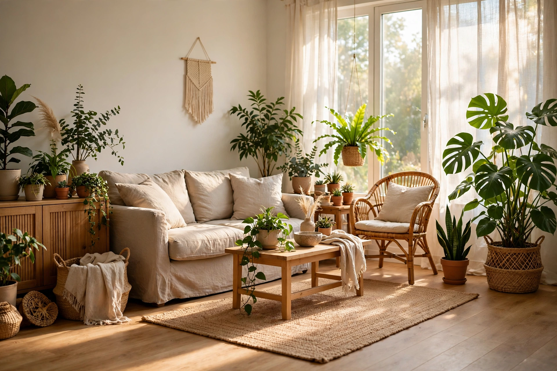 Bright living room with a natural jute rug, rattan chair and houseplants
