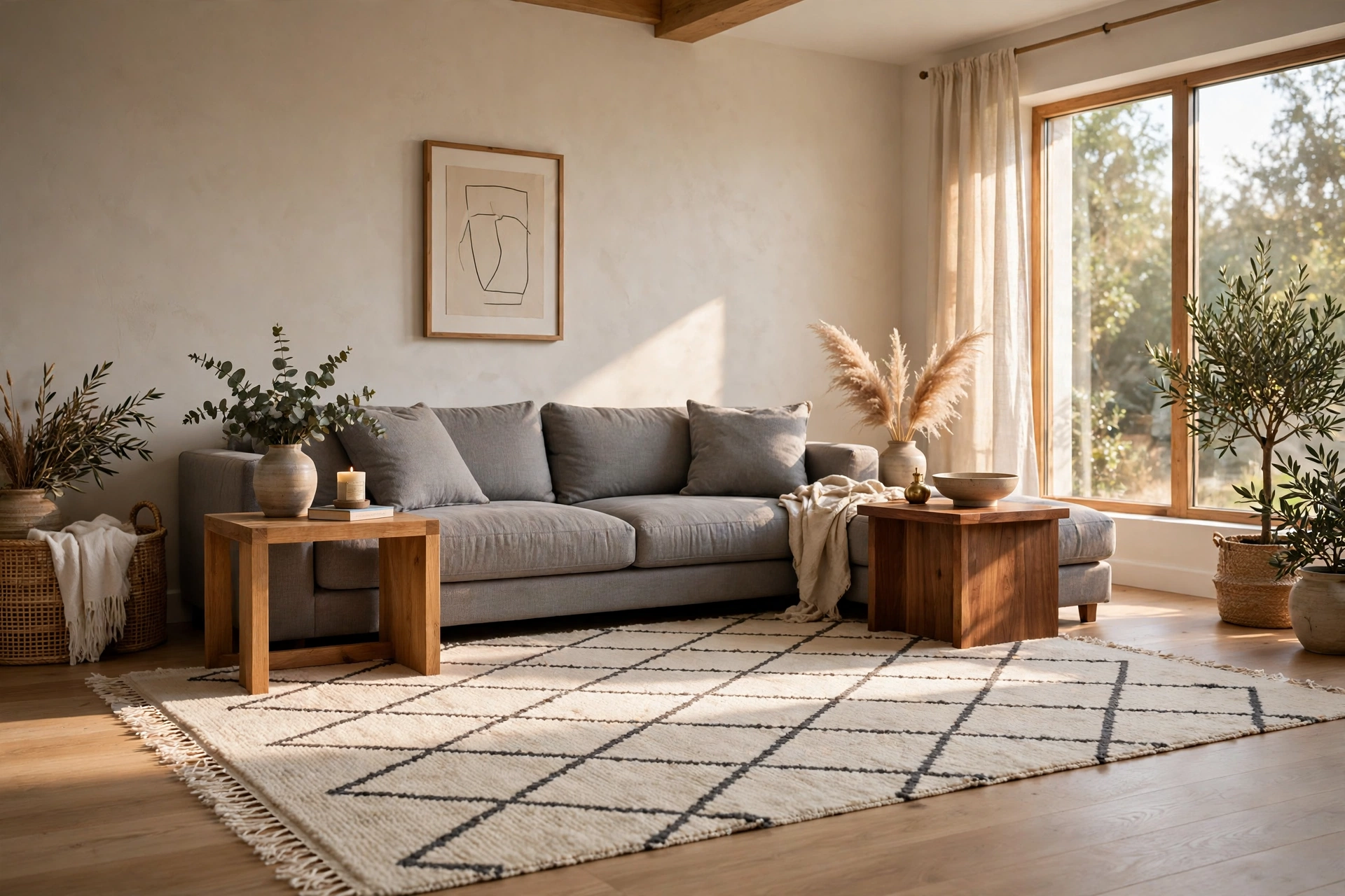 Living room with an ivory Moroccan trellis rug and grey sofa