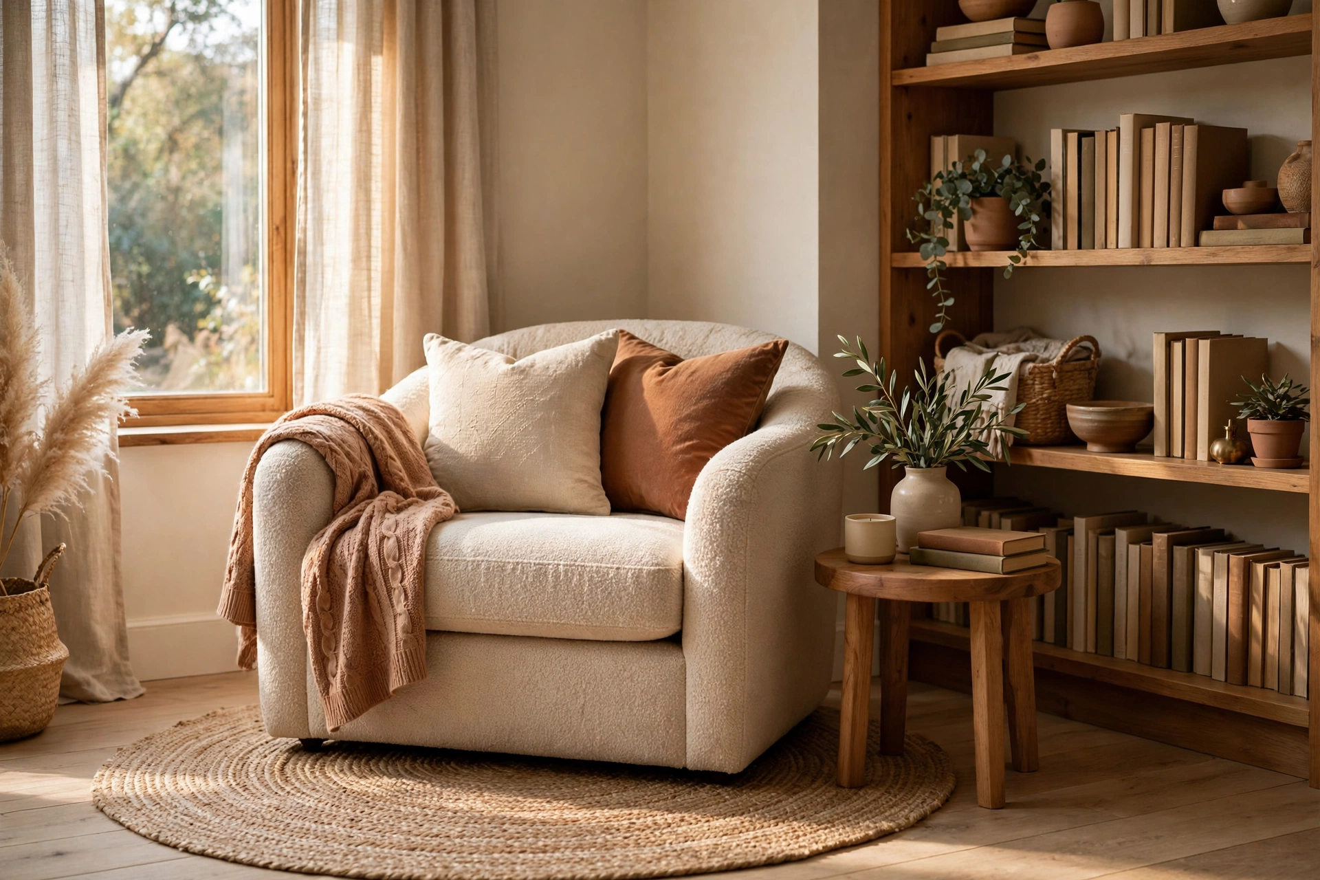 Cozy reading nook with a round woven rug under an armchair