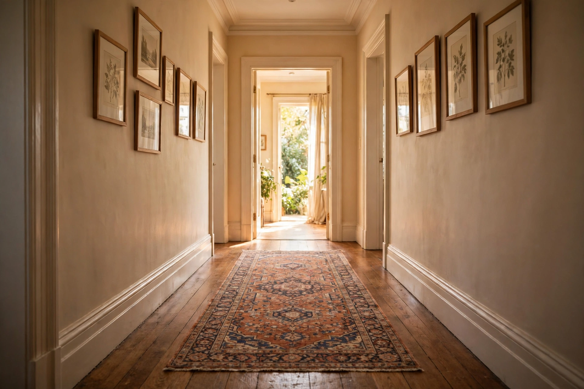 Warm hallway with a long patterned runner rug and framed pictures
