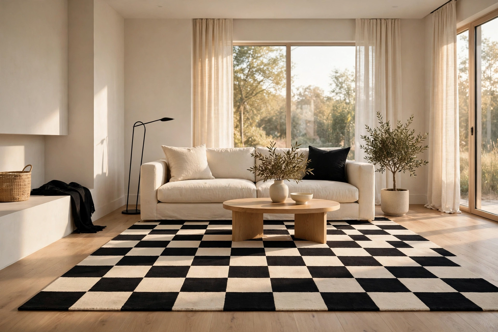 Modern living room with a bold black and cream checkered rug