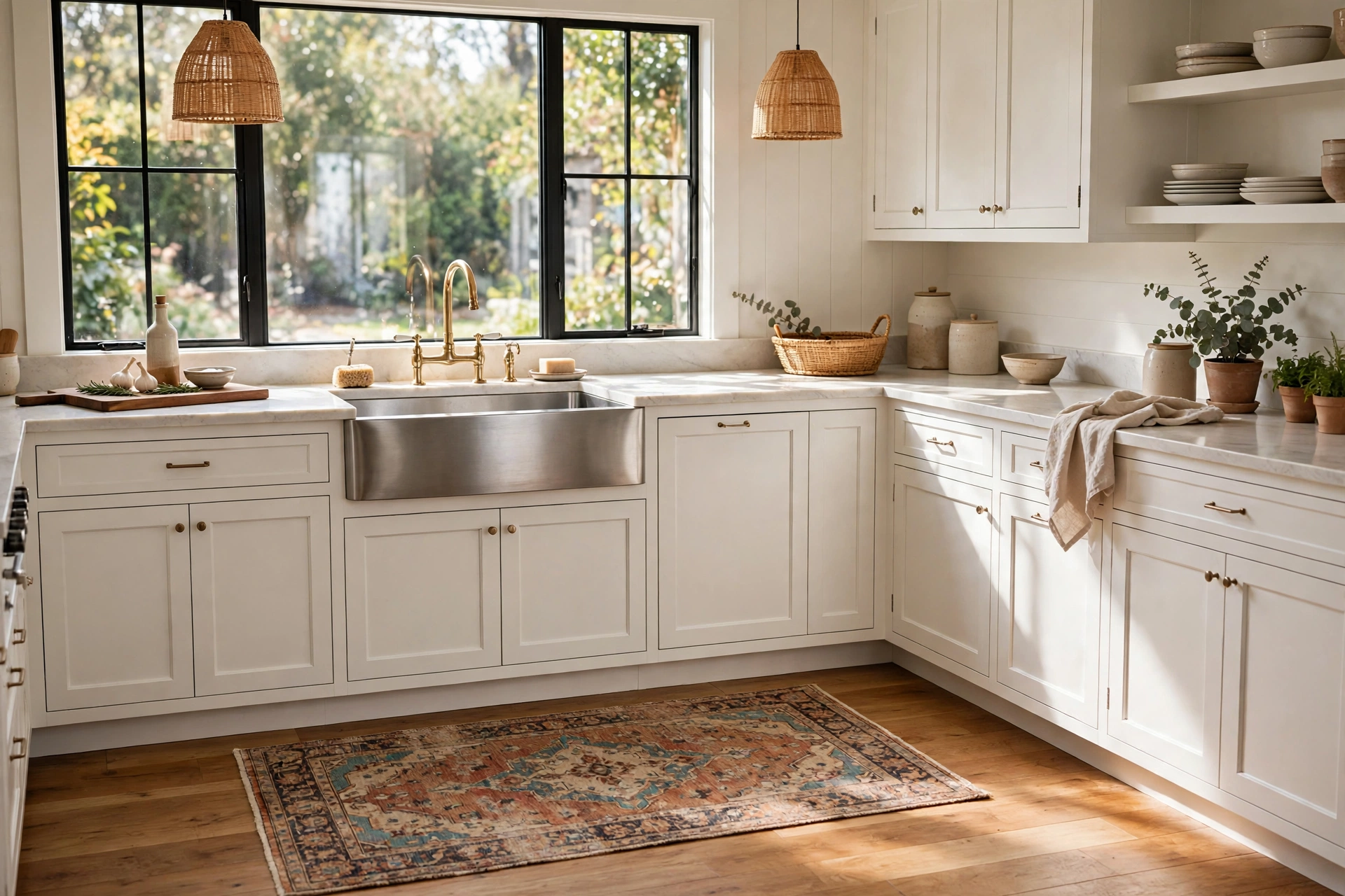 Bright kitchen with a washable vintage-look rug in front of the sink