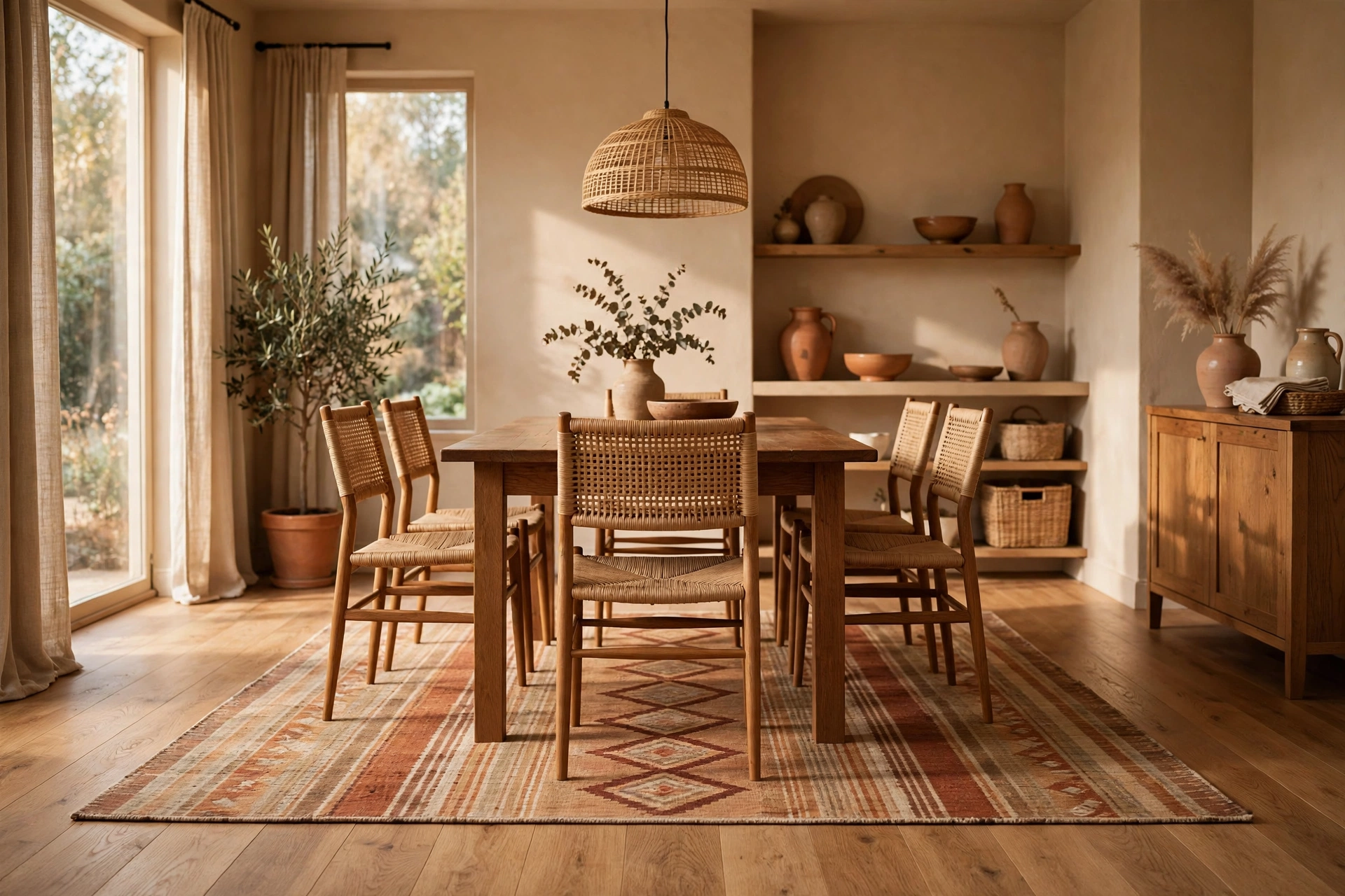 Dining room with a flatweave rug under a wooden table and chairs