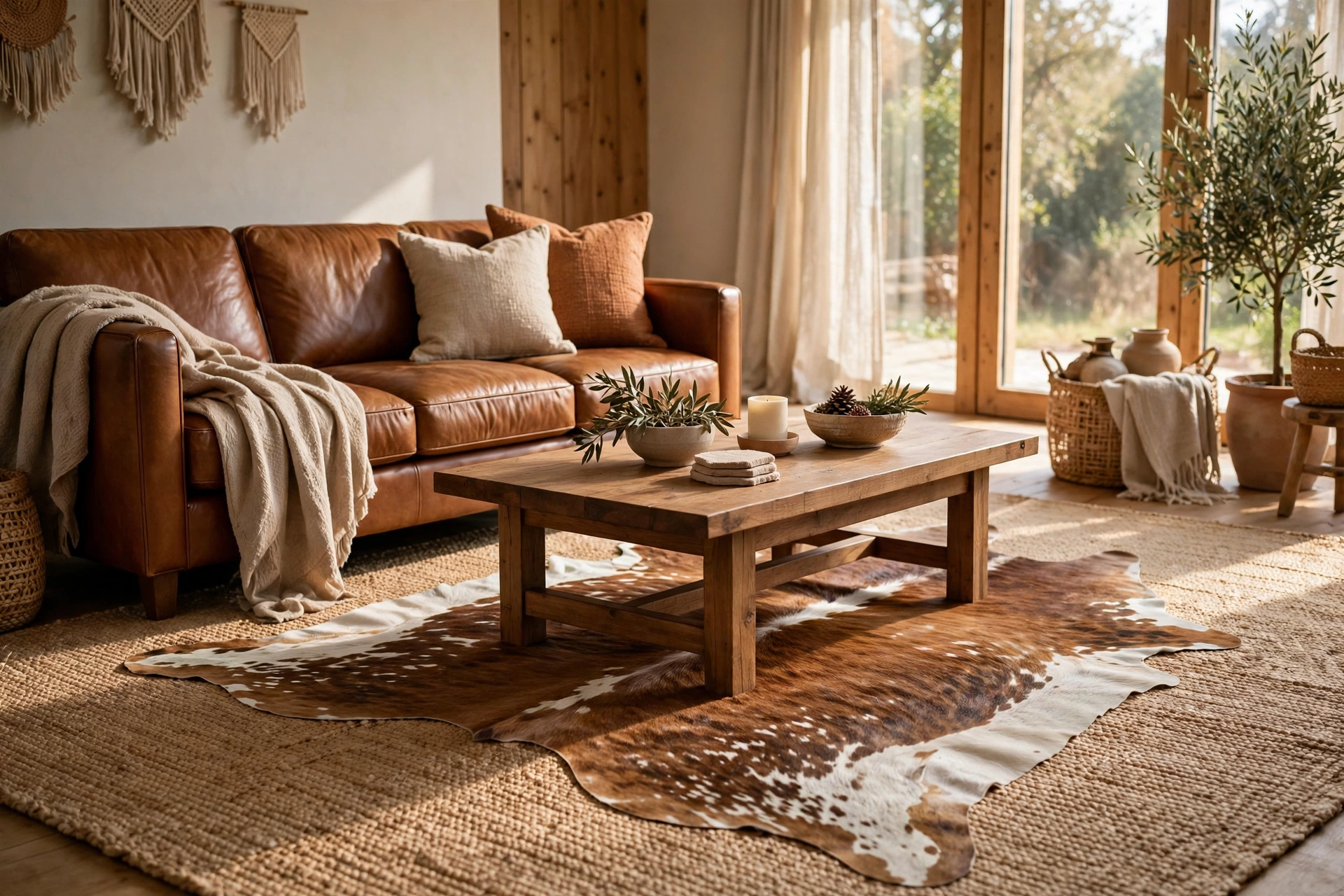 Living room with a cowhide rug layered over a larger sisal rug