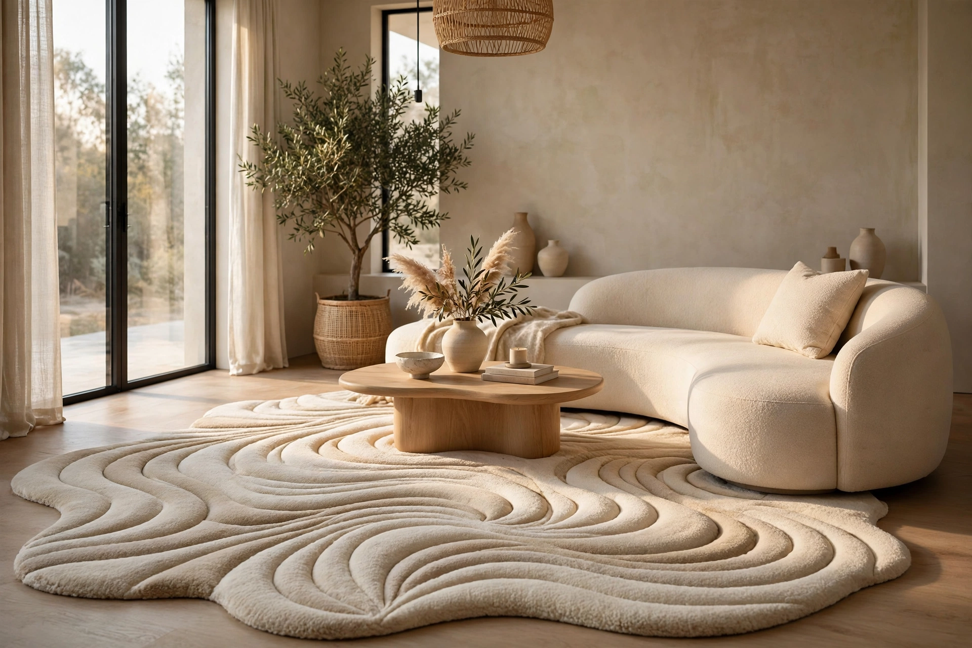Stylish living room with a sculptural tufted rug in a wavy cream pattern
