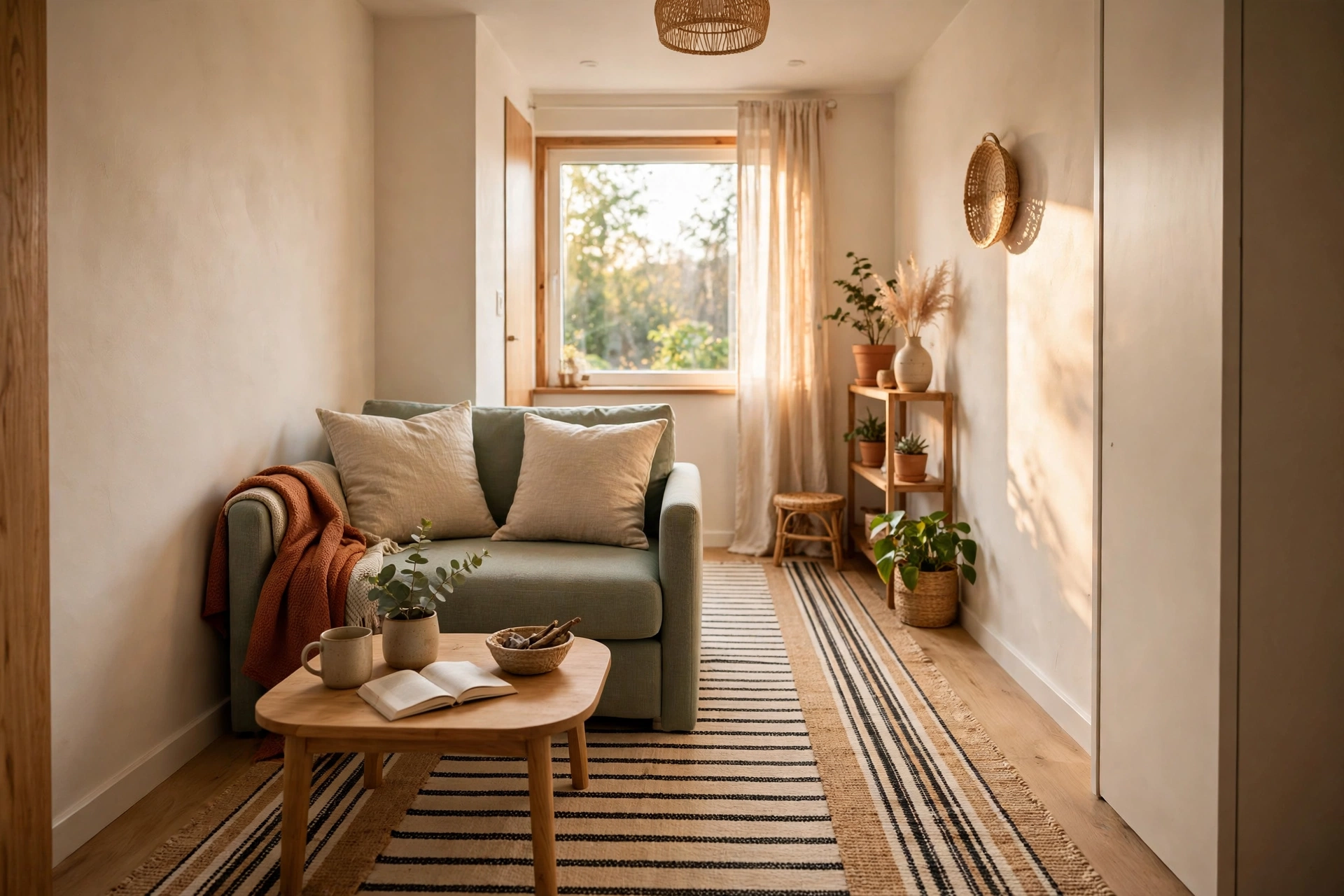 Small living room with a striped rug running lengthwise to elongate the space