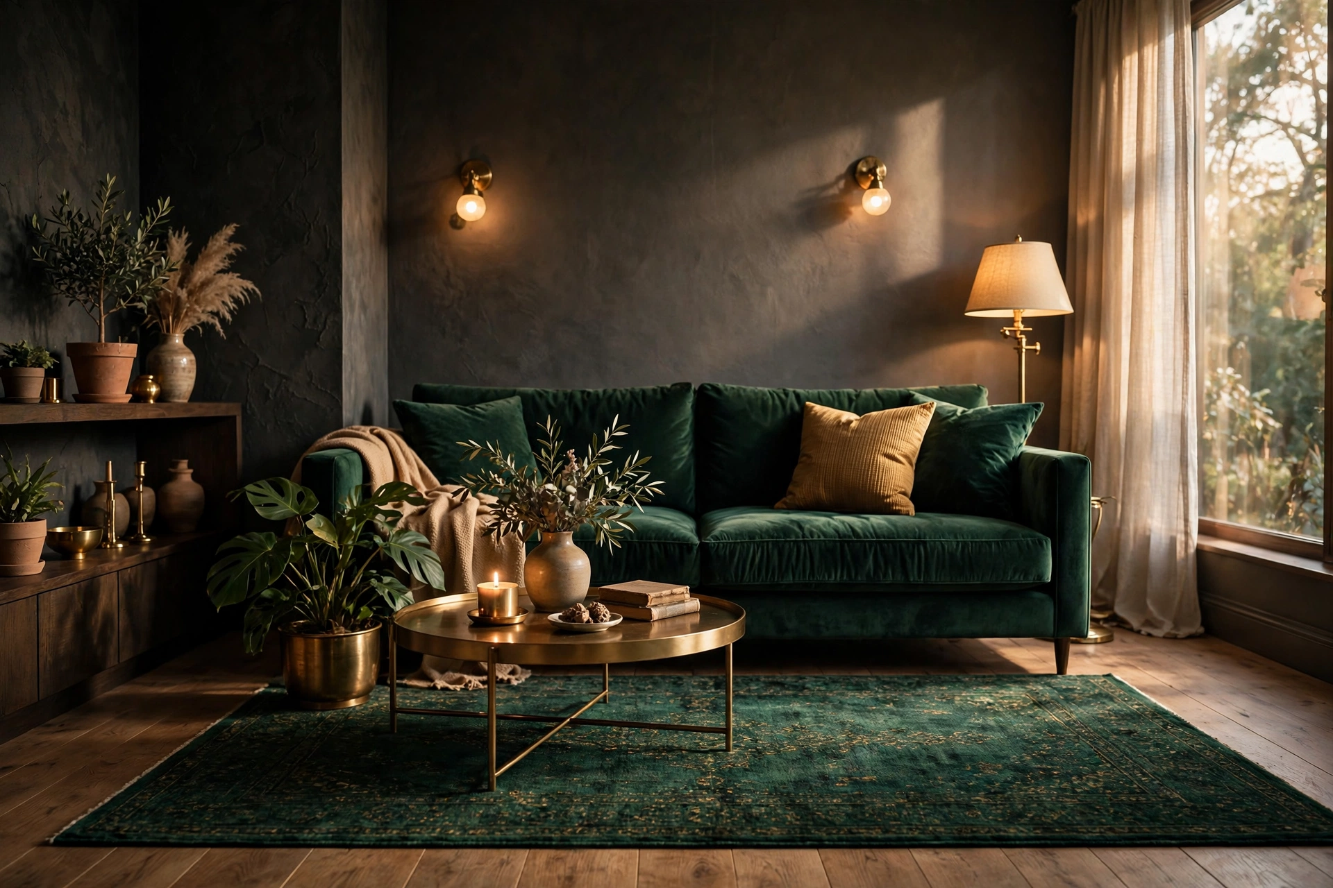 Moody living room with a deep emerald green rug and velvet sofa