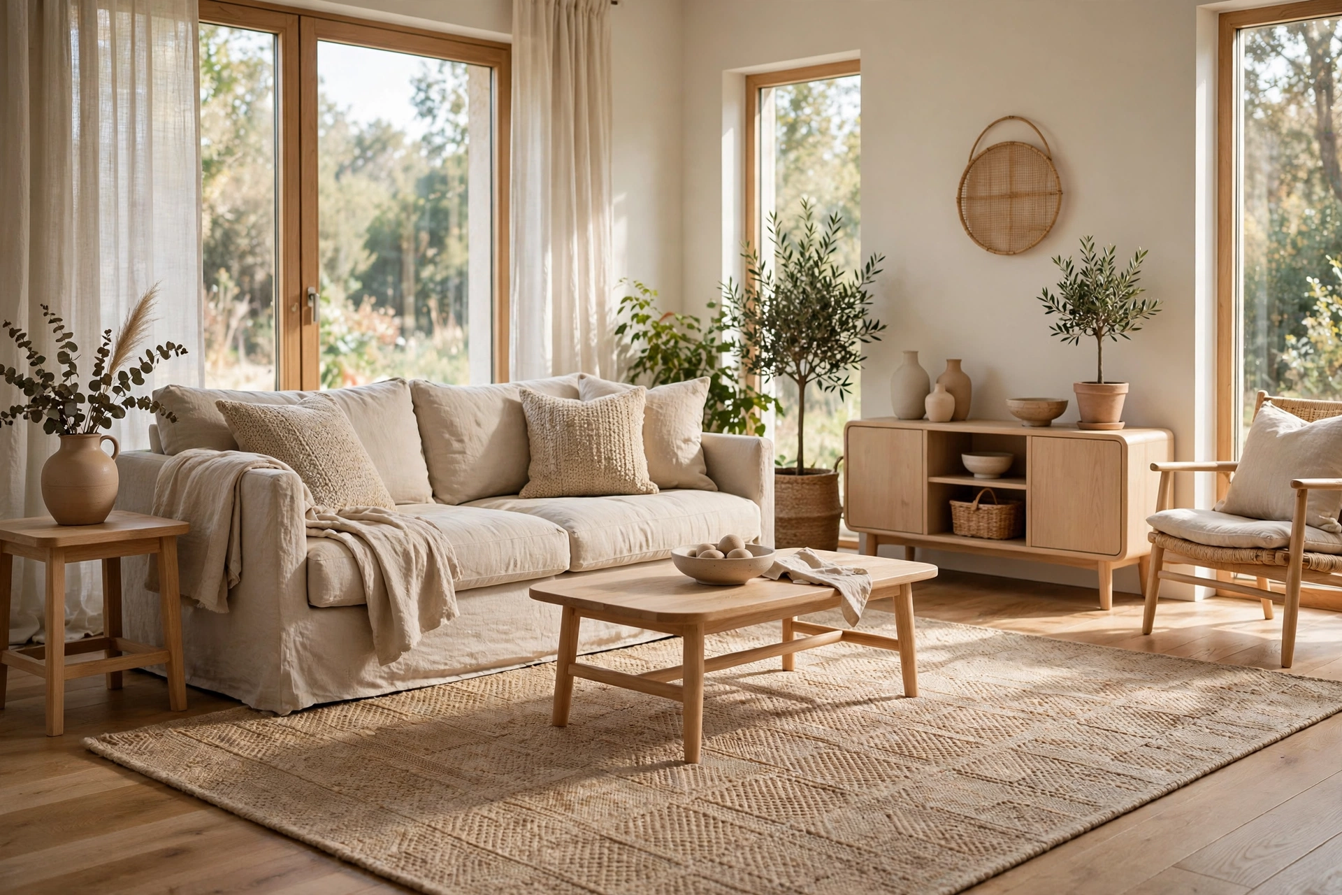 Calm living room with a warm neutral textured wool rug and linen sofa