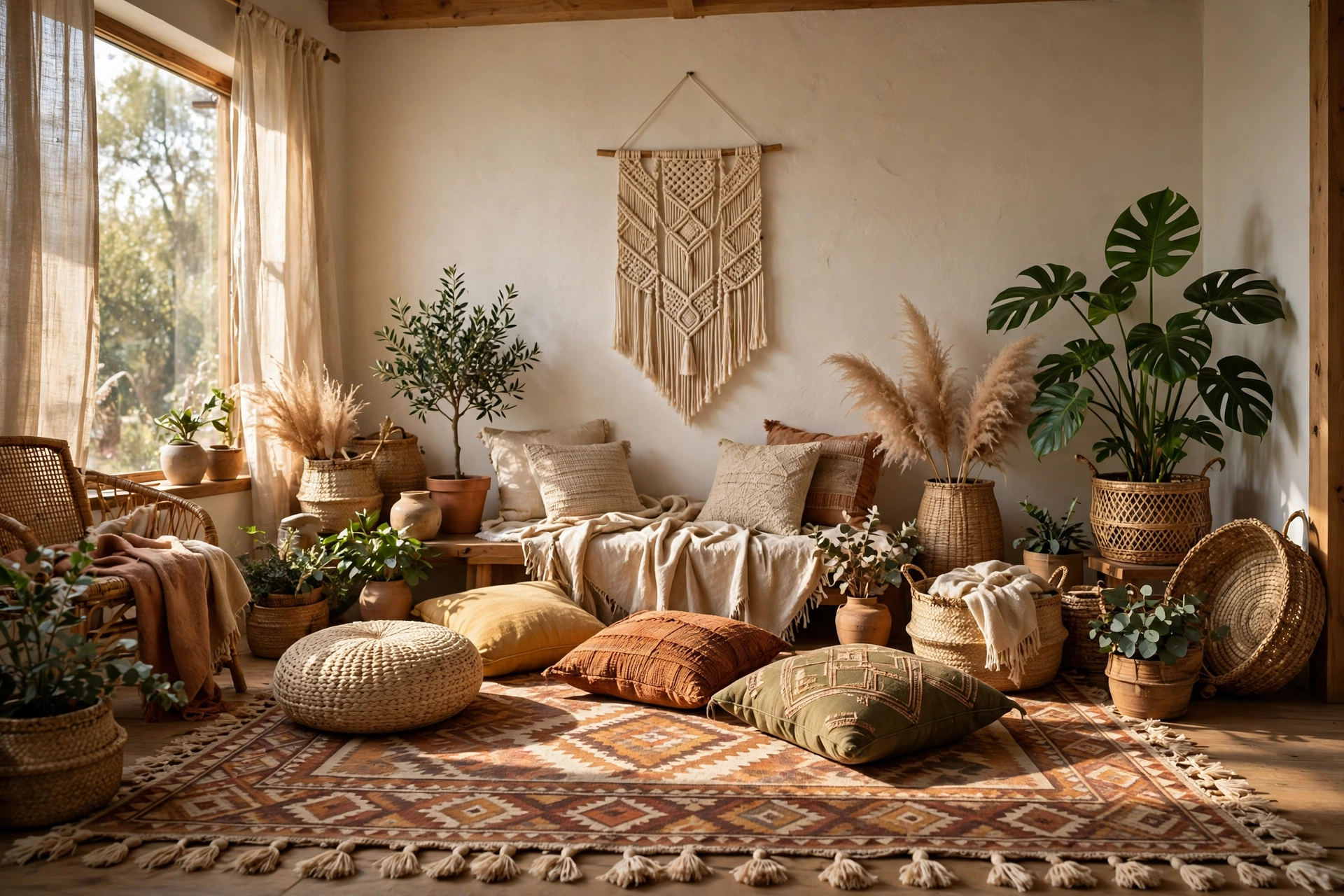 Boho living room with a patterned tasseled rug, floor cushions and plants