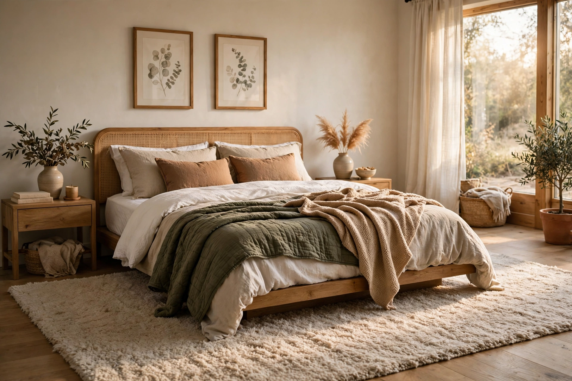 Cozy bedroom with a large rug under the bed extending on both sides