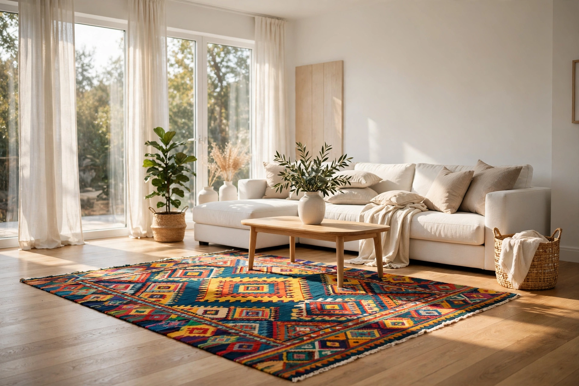 Neutral living room where one vibrant colorful rug is the focal point