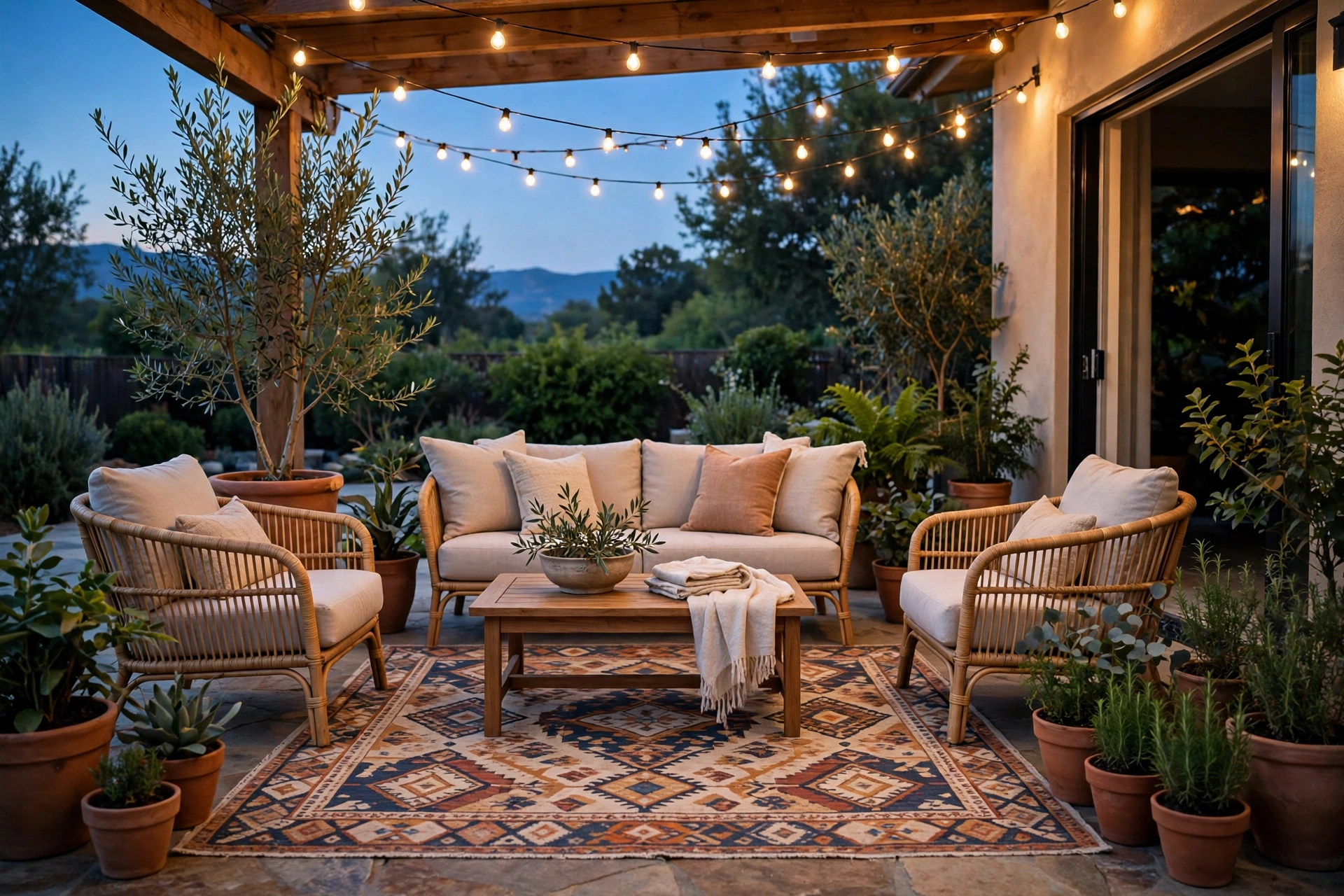 Welcoming patio with a patterned outdoor rug, seating and string lights