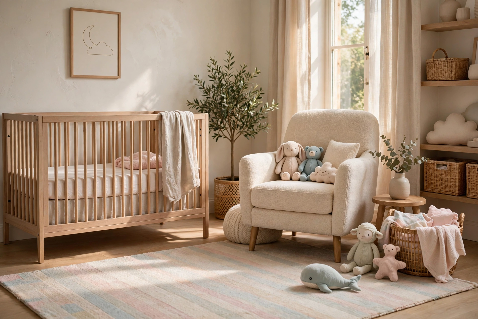 Soft nursery with a pastel low-pile rug, crib and nursing chair